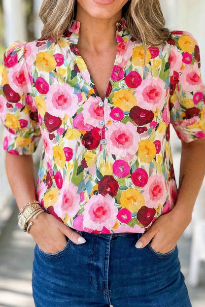 Flora V Neck Short Sleeve Blouse