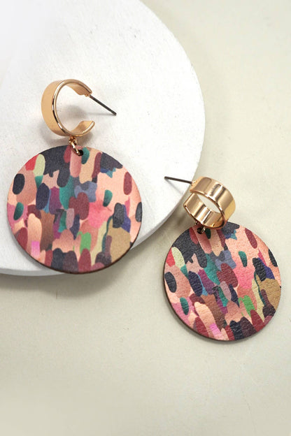 CAMO PRINT WOOD CIRCLE DROP HOOP EARRINGS