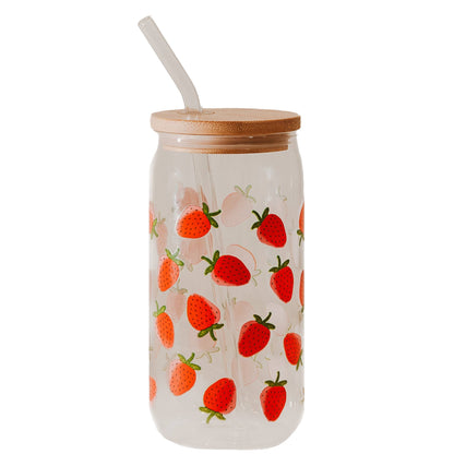 Strawberry 17 oz Can Glass w/ Straw
