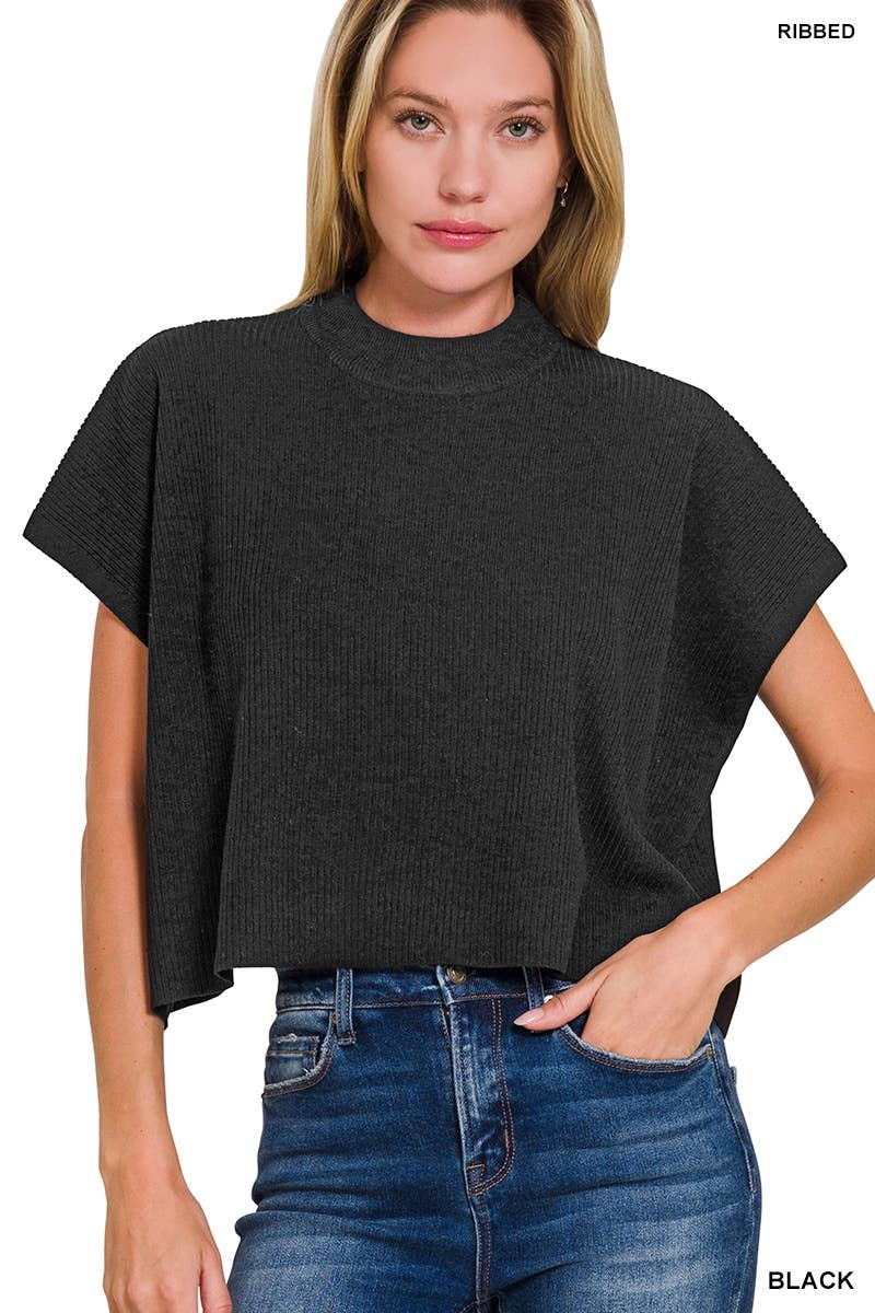 Viscose Mock Neck Short Sleeve Boxy Sweater