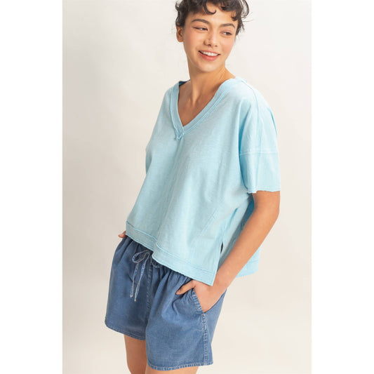 Blue Oversized V-Neck Top
