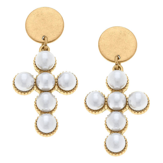 Elisha Pearl Cross Drop Earrings in Worn Gold