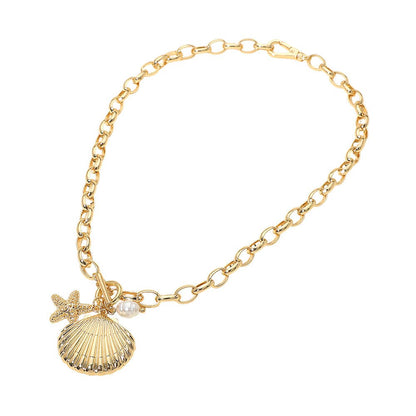 Seashell Starfish Pearl Charm Toggle Chunky Chain Necklace