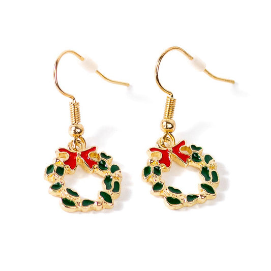 Christmas Wreath Drop Earrings   Green/Red/Gold   .5"