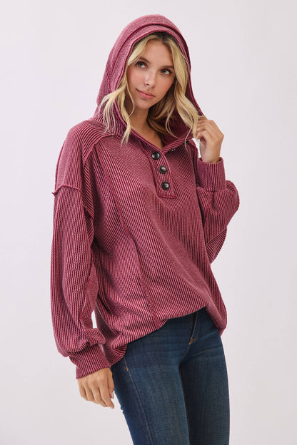 Solid Rib Button Front Hooded Top
