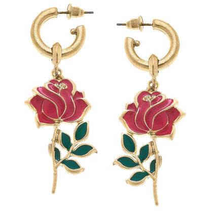 Gianna Rose Flower Enamel Drop Hoop Earrings in Worn Gold