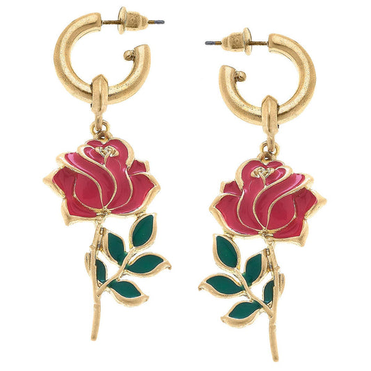 Gianna Rose Flower Enamel Drop Hoop Earrings in Worn Gold