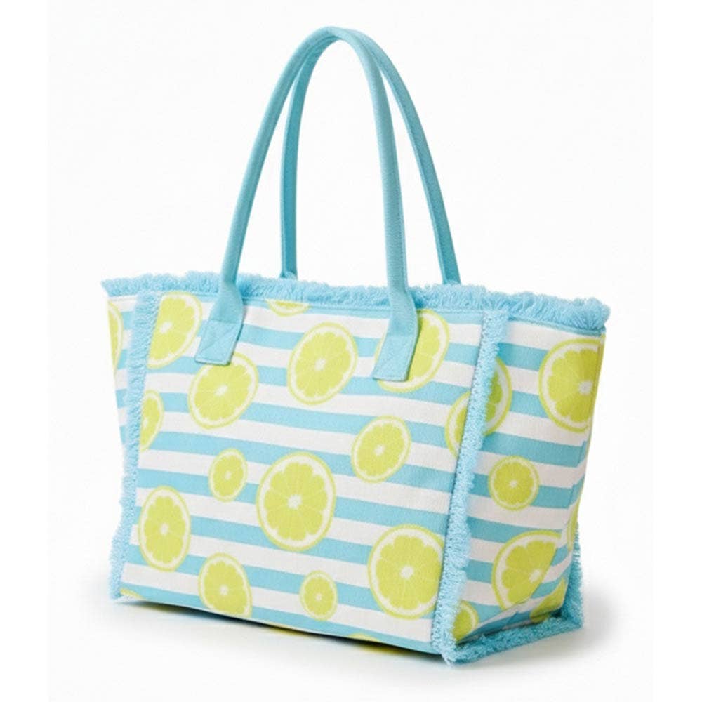 Lemon Pattern Stripe Fringe Trim Shoulder Tote Bag