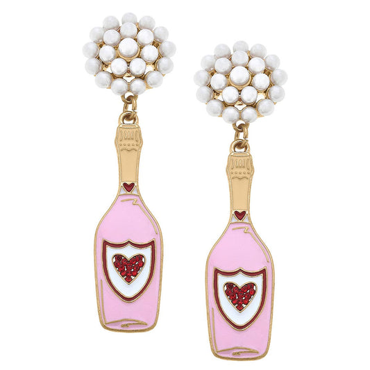 Heart Champagne Bottle Enamel Earrings in Pink & Red
