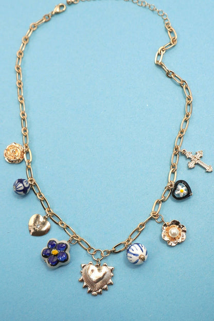 BLUE CERAMIC PORCELAIN HEART CROSS CHARM NECKLACE