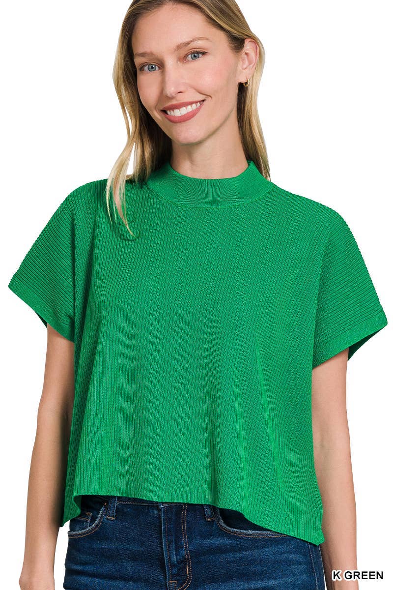 Viscose Mock Neck Short Sleeve Boxy Sweater