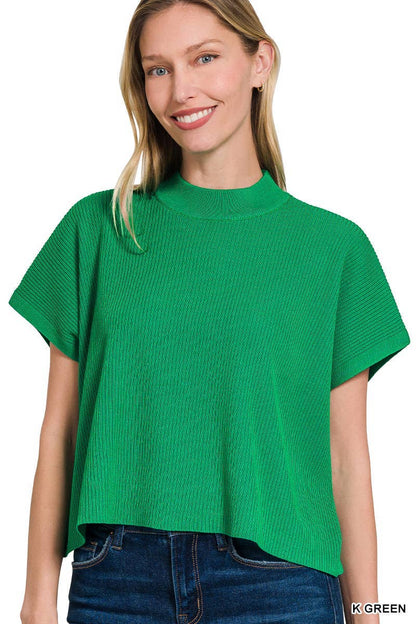 Viscose Mock Neck Short Sleeve Boxy Sweater