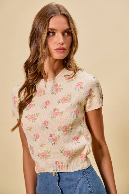 Floral Short Sleeves Sweater Top