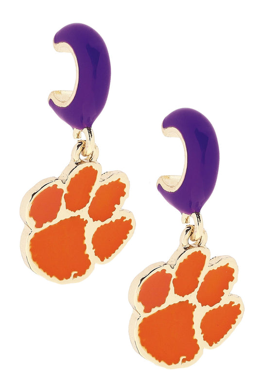 Clemson Tigers Enamel Logo Huggie Hoop Earrings in Purple