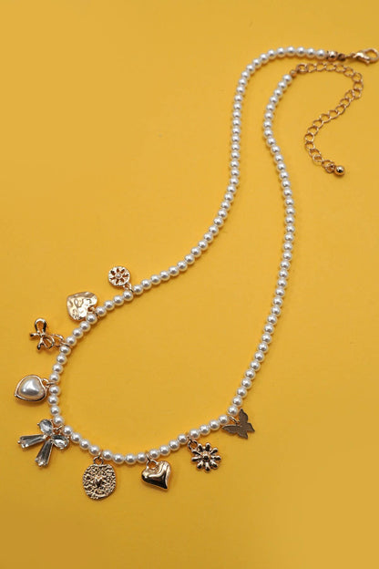 CHARM NECKLACE-BOW SUNFLOWER HEART PEARL CHAIN
