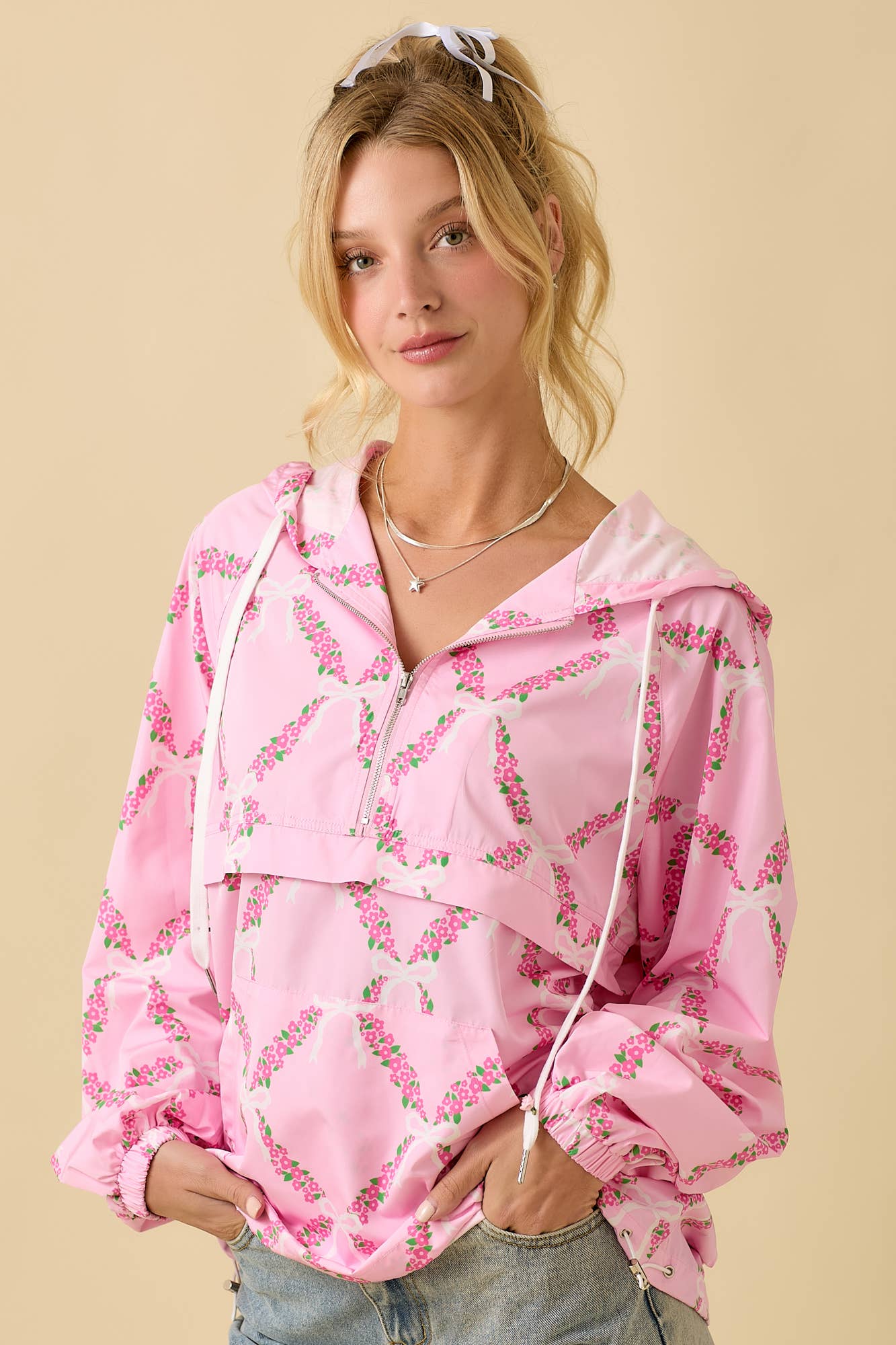 Coquette Ribbon And Floral Printed Windbreaker