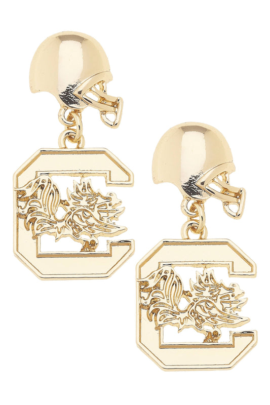 South Carolina Gamecocks Logo Helmet Earrings in Shiny Gold