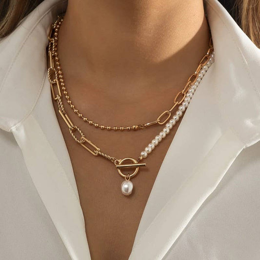 PEARL MIX DOUBLE LAYER TOGGLE NECKLACE