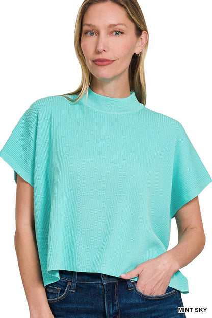 Viscose Mock Neck Short Sleeve Boxy Sweater