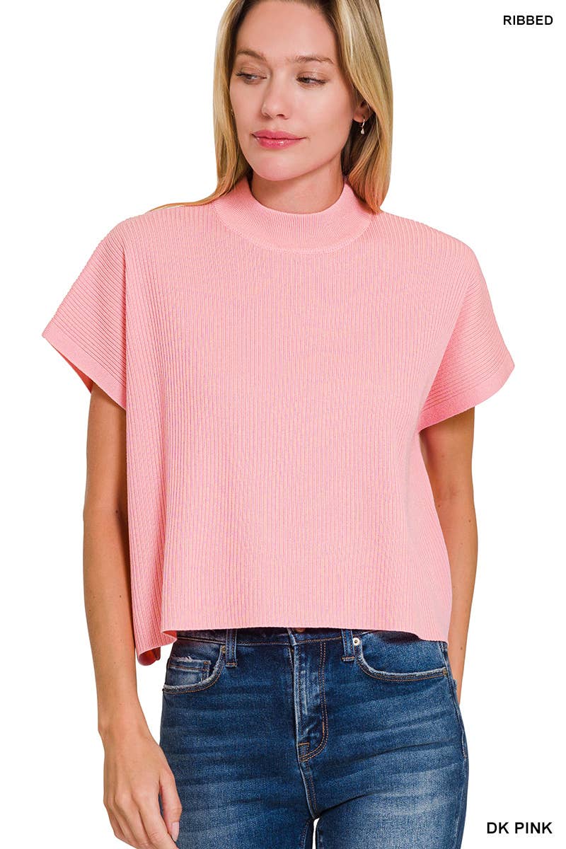 Viscose Mock Neck Short Sleeve Boxy Sweater