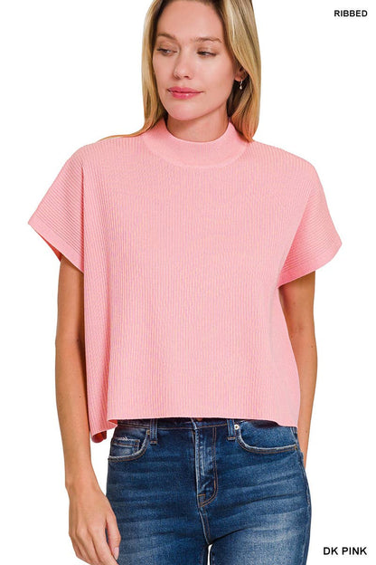 Viscose Mock Neck Short Sleeve Boxy Sweater