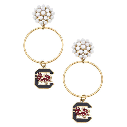 South Carolina Gamecocks Pearl Cluster Enamel Hoop Earrings
