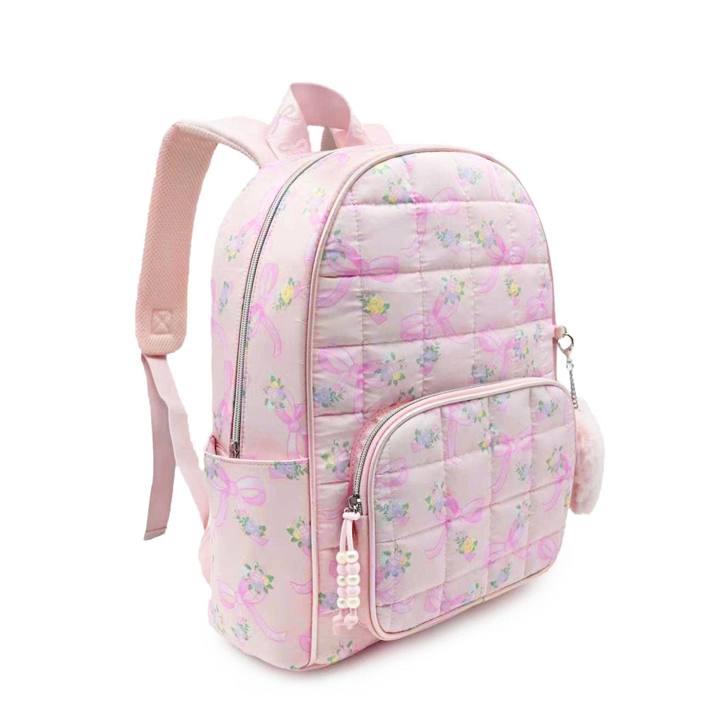 Floral Bow Print Quilted Large Backpack With Charm