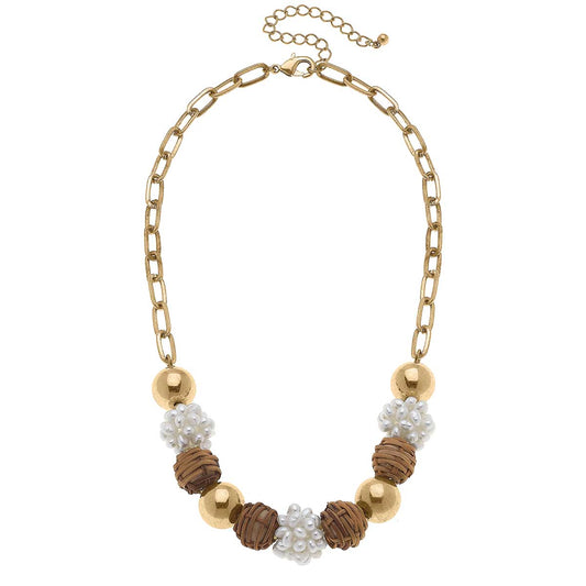 Bella Pearl Cluster & Wicker Ball Bead Necklace in Brown