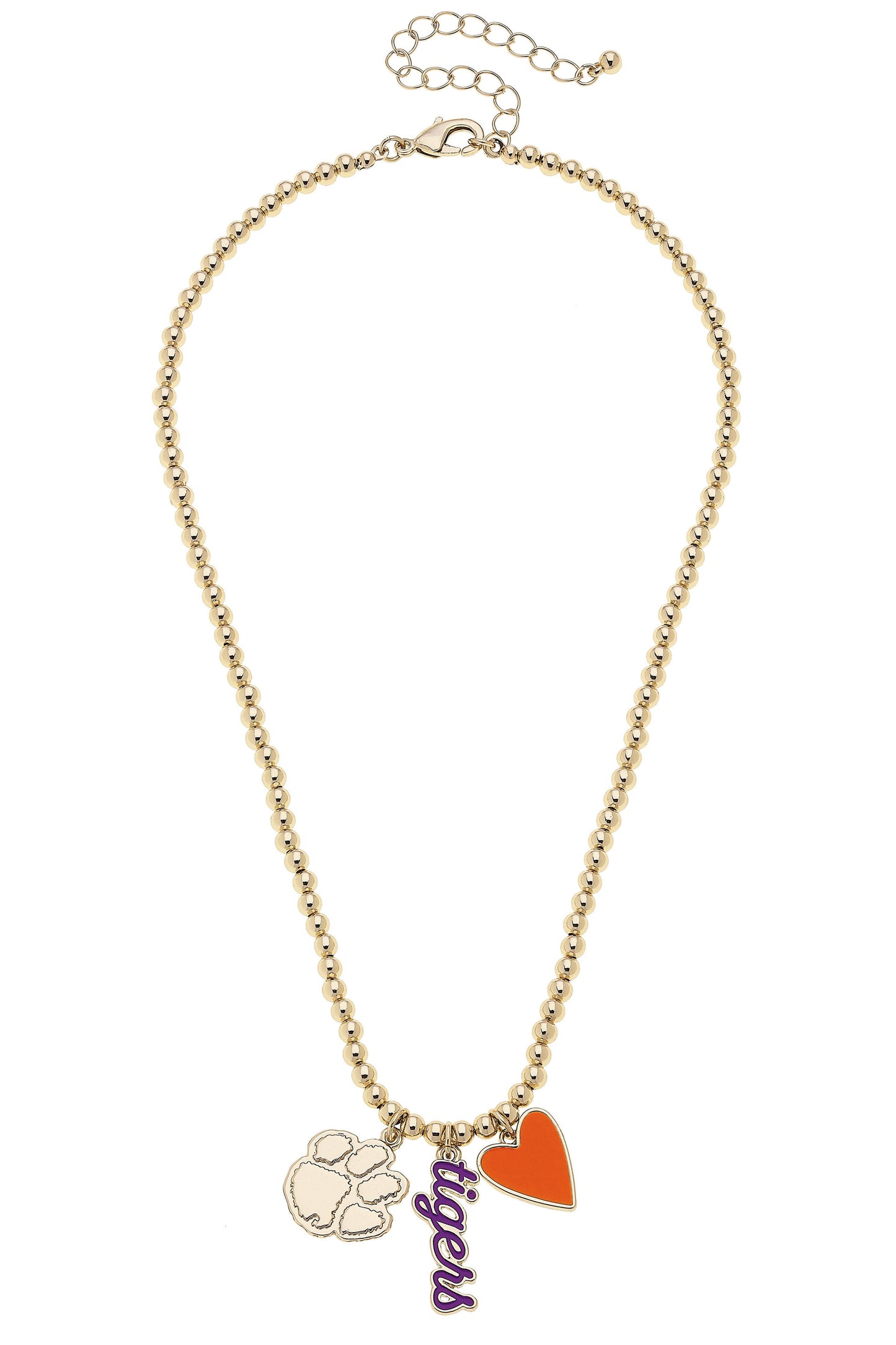Clemson Tigers Ball Bead Charm Necklace in Shiny Gold