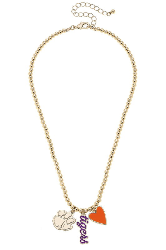 Clemson Tigers Ball Bead Charm Necklace in Shiny Gold