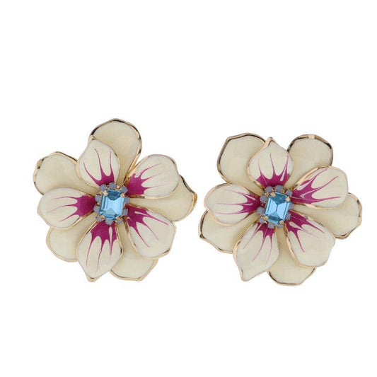 Off White Large Flower Earring with Blue Crystal Center