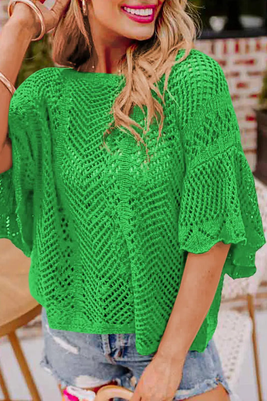 Women's Pointelle Knit Scallop Edge Short Sleeve Top: Green