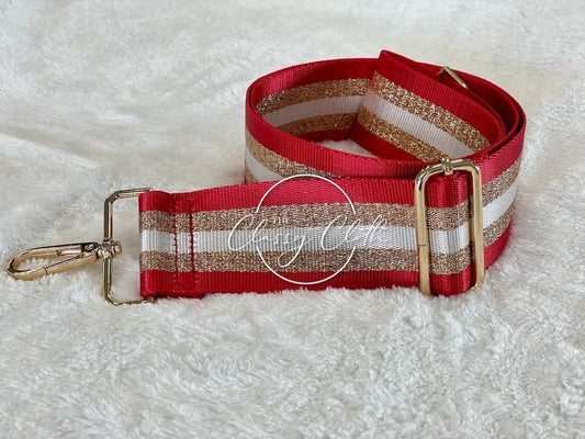 Crossbody Guitar Strap - Red Gold Vertical Stripe