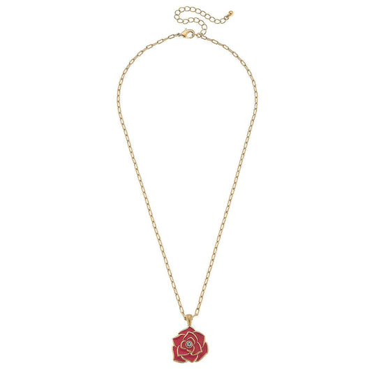 Isabella Enamel Rose Pendant Necklace in Worn Gold