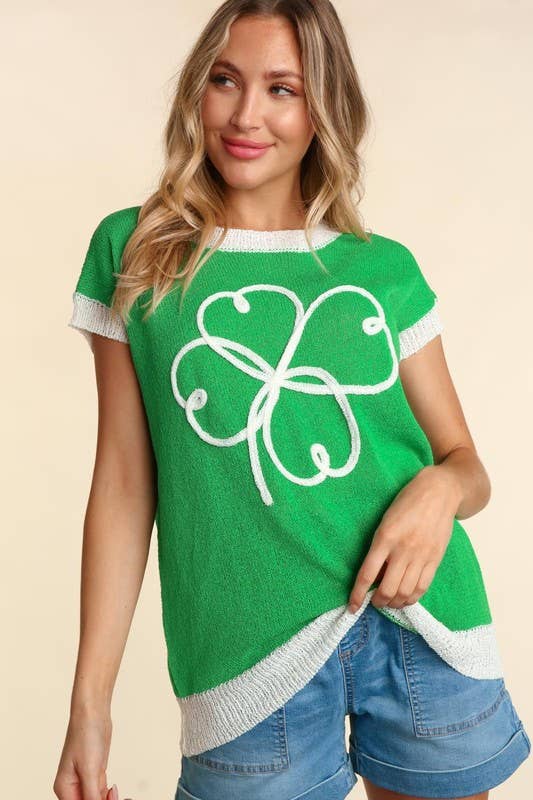 Dolman Clover Embroidery Sweater Knit Top
