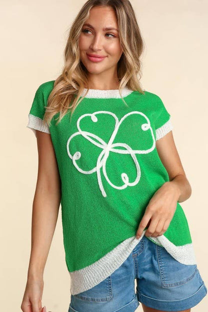 Dolman Clover Embroidery Sweater Knit Top