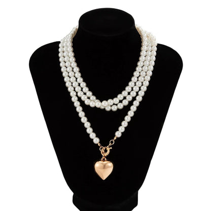 MULTI WRAP PEARL BEADED HEART CHARM NECKLACE