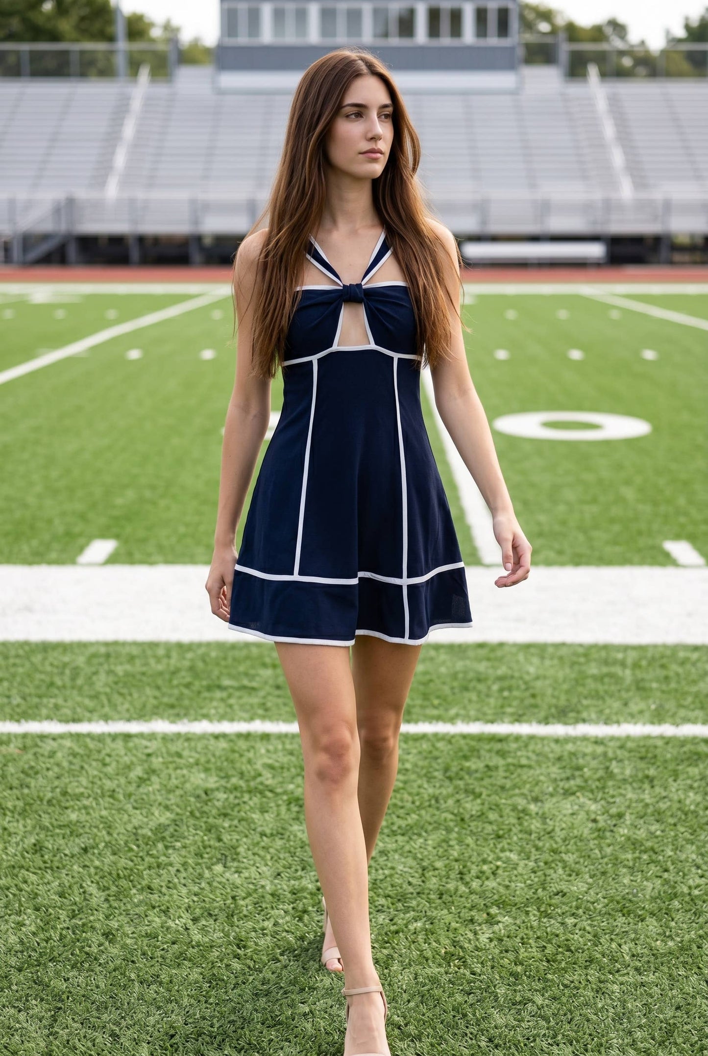 Linen contrast binding cutout mini criss-cross dress