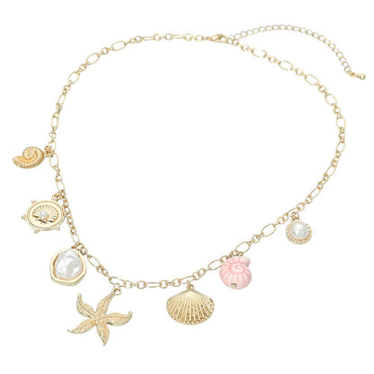 Starfish Shell Pearl Charm Station Necklace
