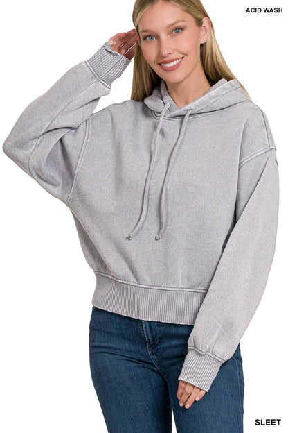 Acid Wash Fleece Cropped Hoodie
