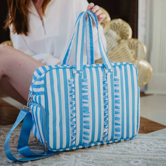 Blue Stripe Ruffle Overnight Bag