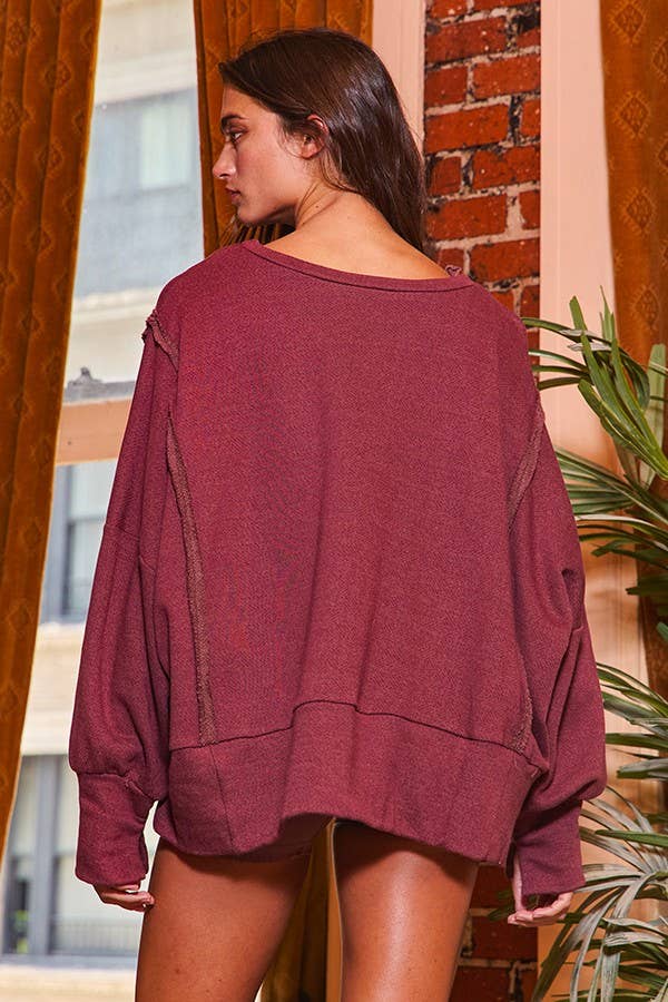 Raw Edge Detail Hi-Low Hem Solid Terry Top