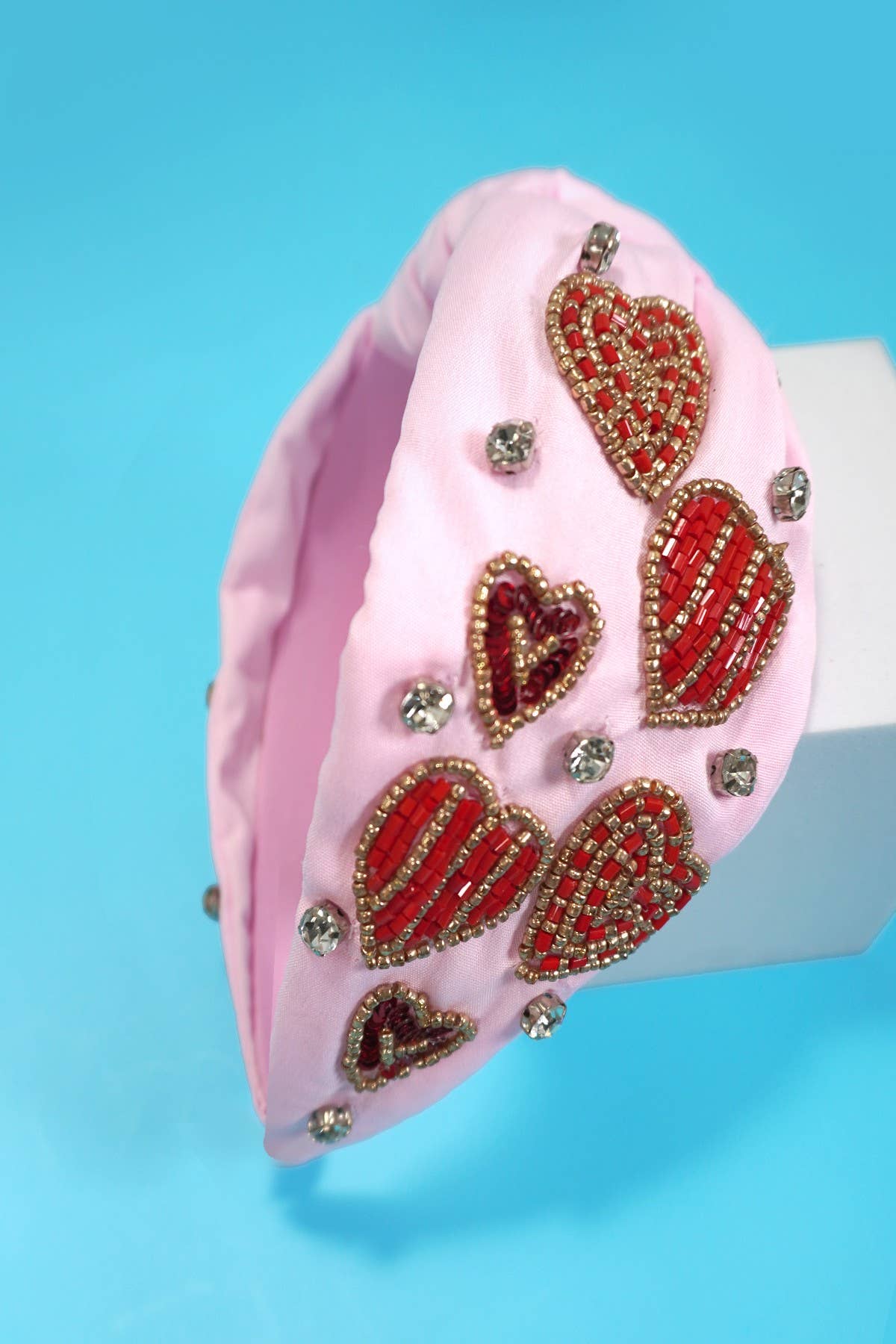 VALENTINE RED HEART PINK SEED BEADED HEADBAND