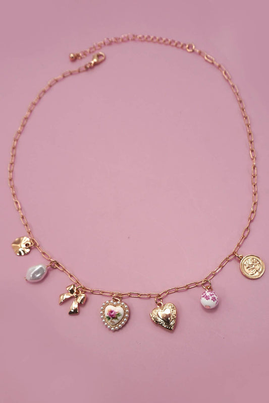 PORCELAIN BOW HEART CHARM LINK NECKLACE
