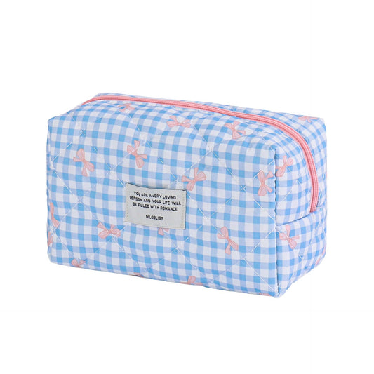 Blue Checkered Bow Cotton Cosmetic Bag Organizer