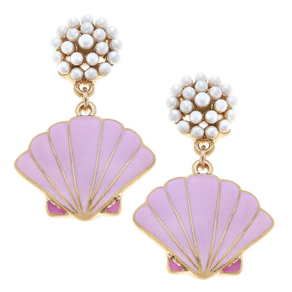 CANVAS Style x @thelovelyflamingo Enamel Scallop Shell Pearl Cluster Drop Earring in Pink