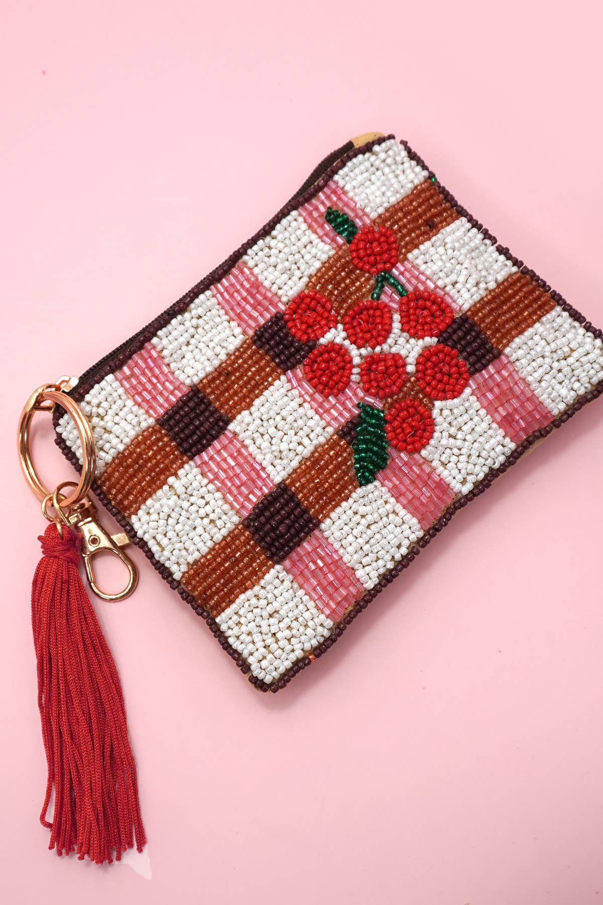 CHECKER FRUIT SEED BEAD COIN TASSEL PURSE