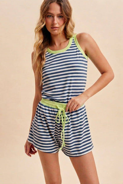 Contrast Color Band Striped Jersey Tank And Shorts Set