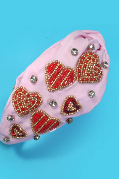 VALENTINE RED HEART PINK SEED BEADED HEADBAND