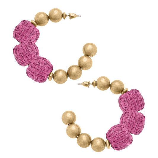 Barbados Raffia and Ball Bead Hoop Earrings
